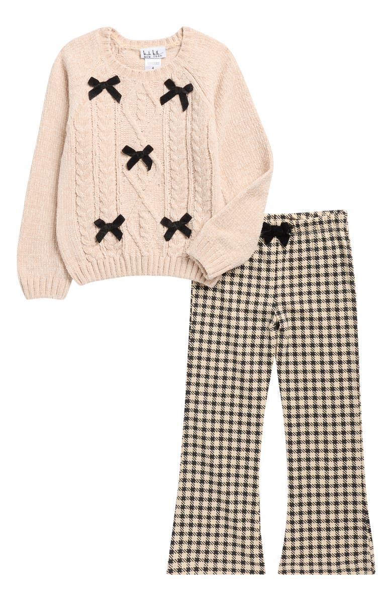 Nicole Miller Kids' Bow Chenille Sweater & Houndstooth Flare Leg Pants Set, Main, color, Oatmeal Heather