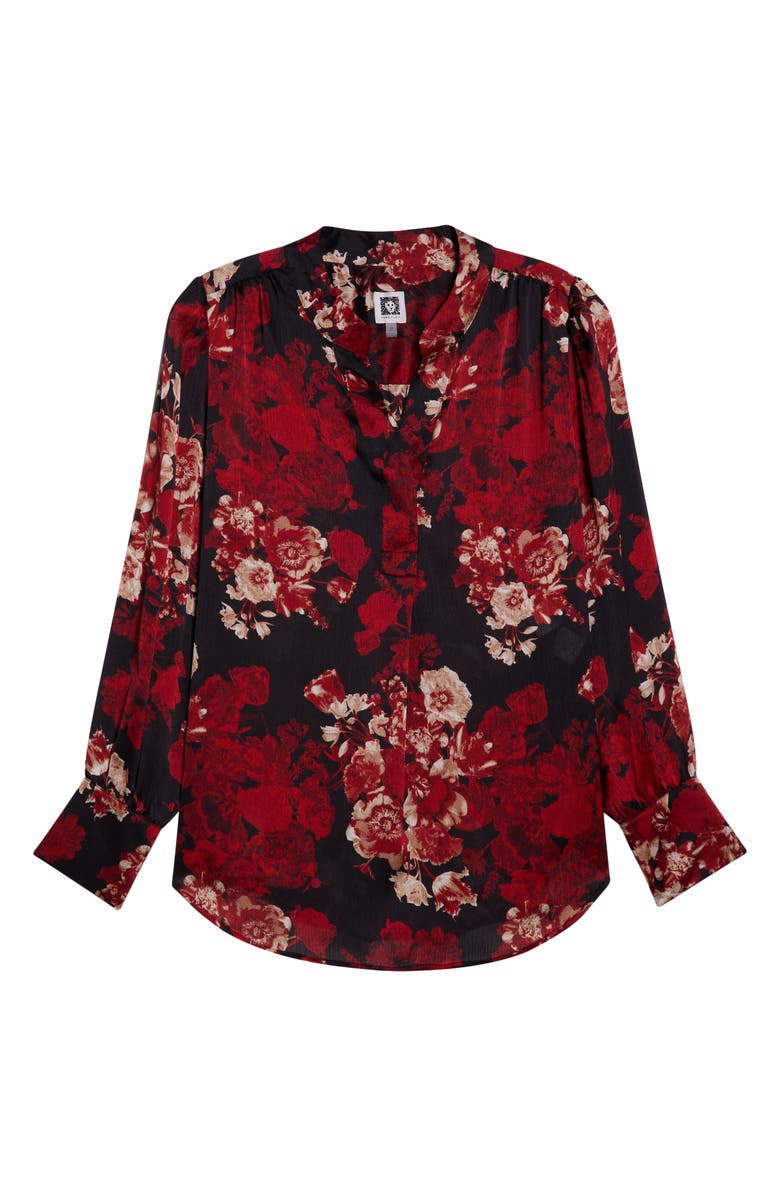 Anne Klein Pleated Print Split Neck Top, Alternate, color, Anne Black Multi