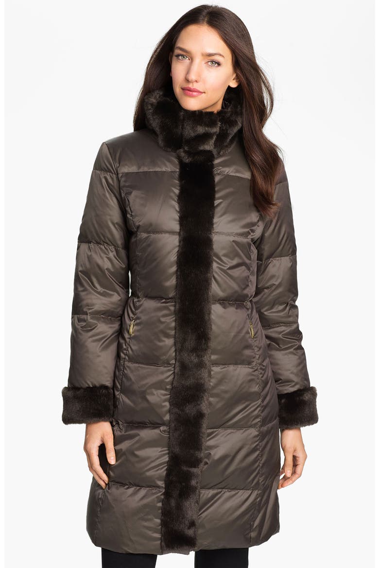 Faux Fur Trim Quilted Coat, Main, color, BROWN