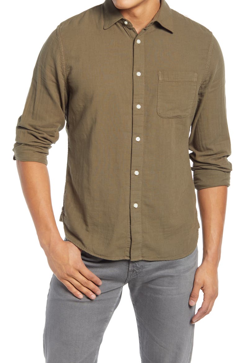 Slim Fit Double Gauze Organic Cotton Button-Up Shirt, Main, color, MILITARY GREEN