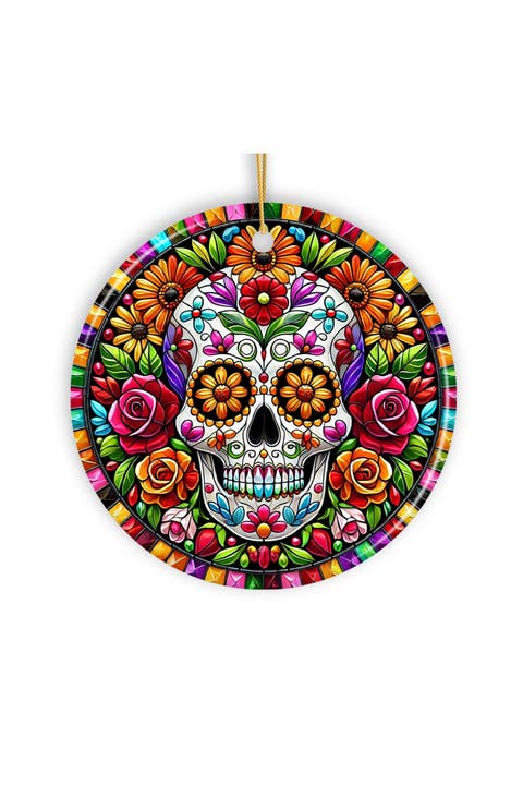 Floral Sugar Skull Stained Glass Style Ornament