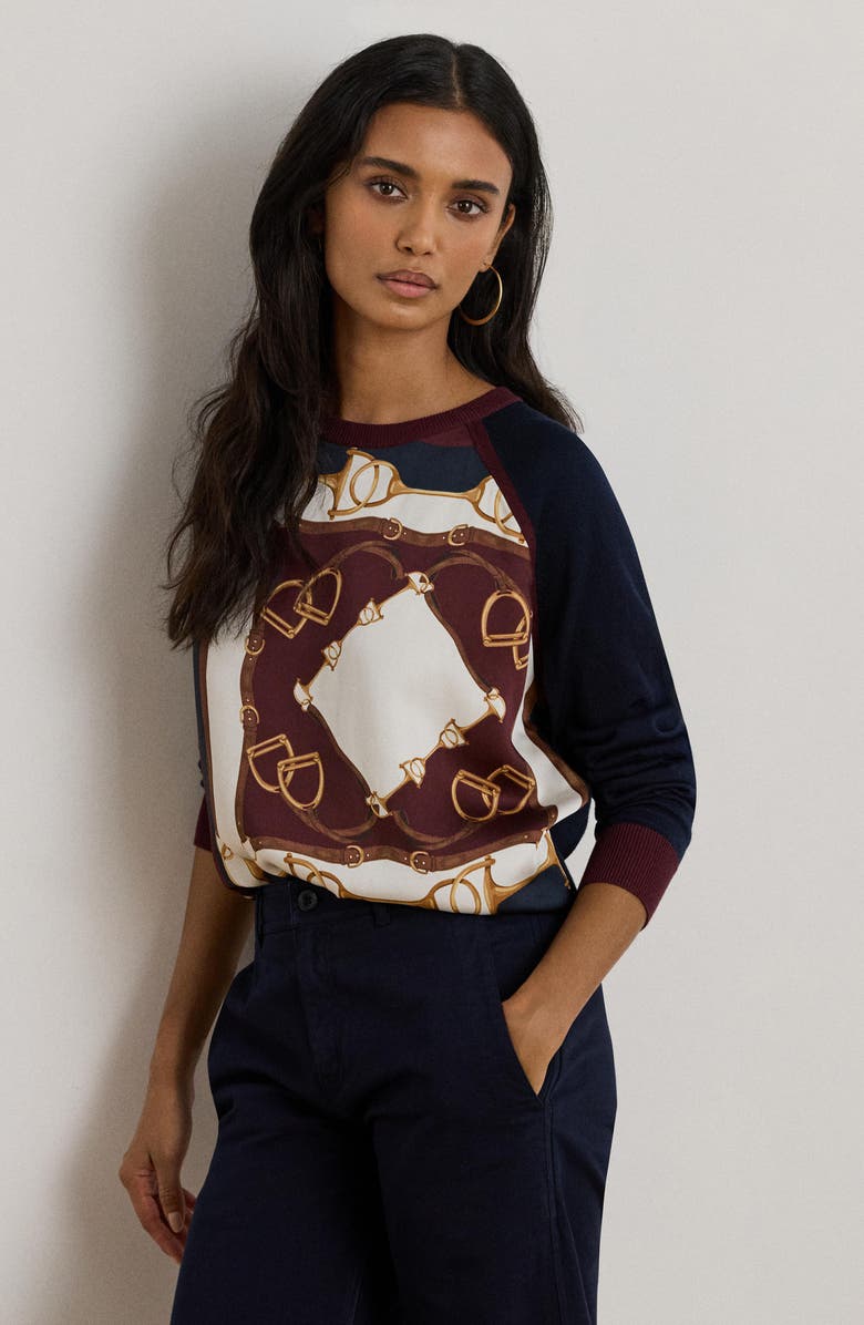 Lauren Ralph Lauren Equestrian Print Inset Crewneck Sweater, Alternate, color, Lauren Navy Multi