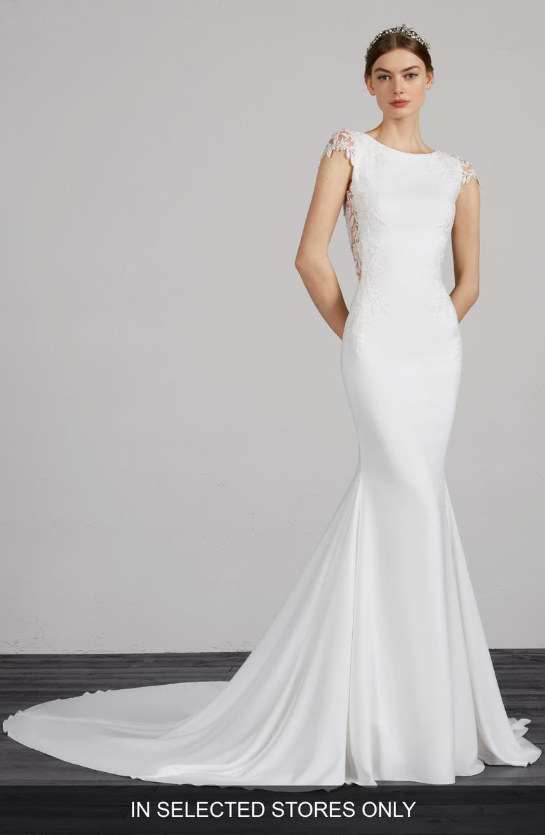 Pronovias Melva Beaded Crepe Mermaid Gown, Main, color,