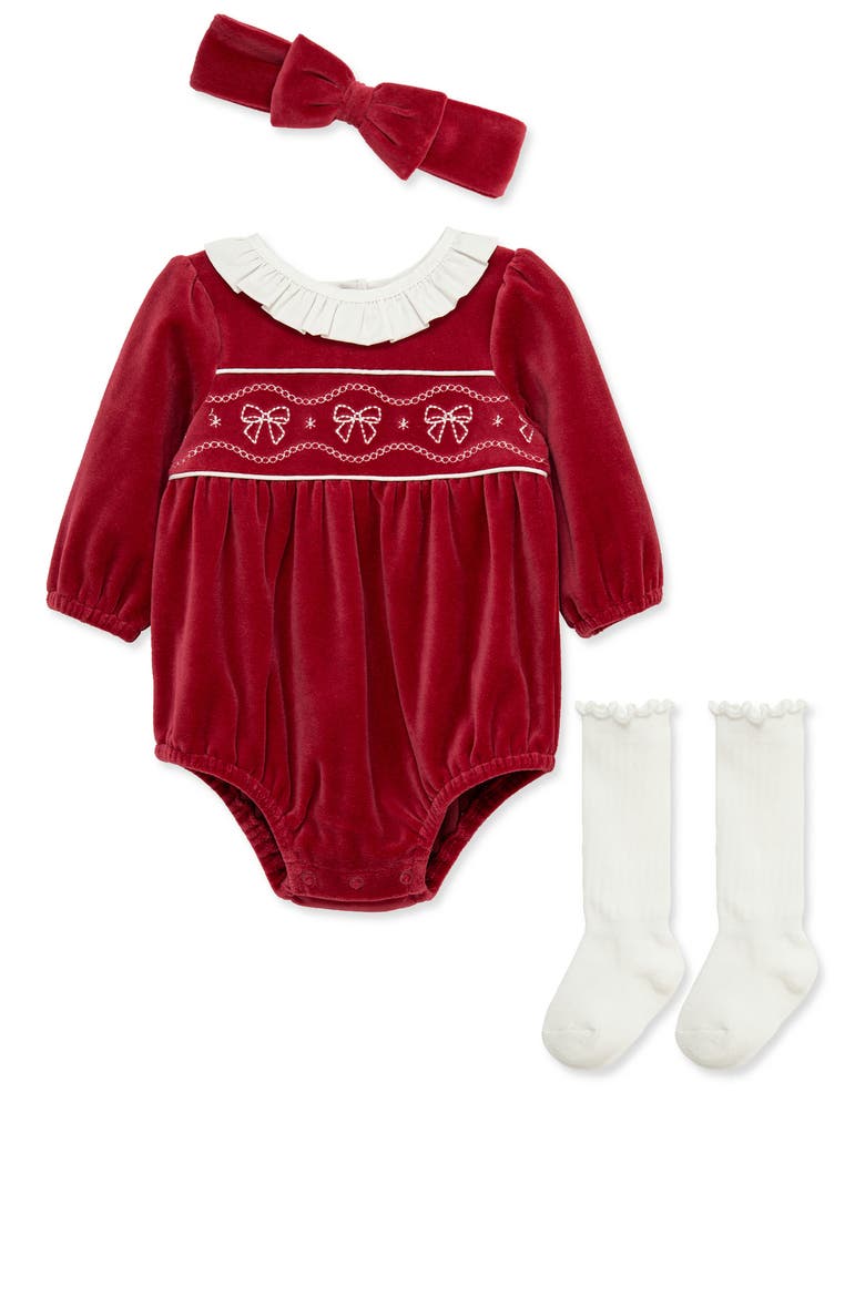 Kids' Bows Bubble Romper, Headband & Socks Set, Main, color, RED