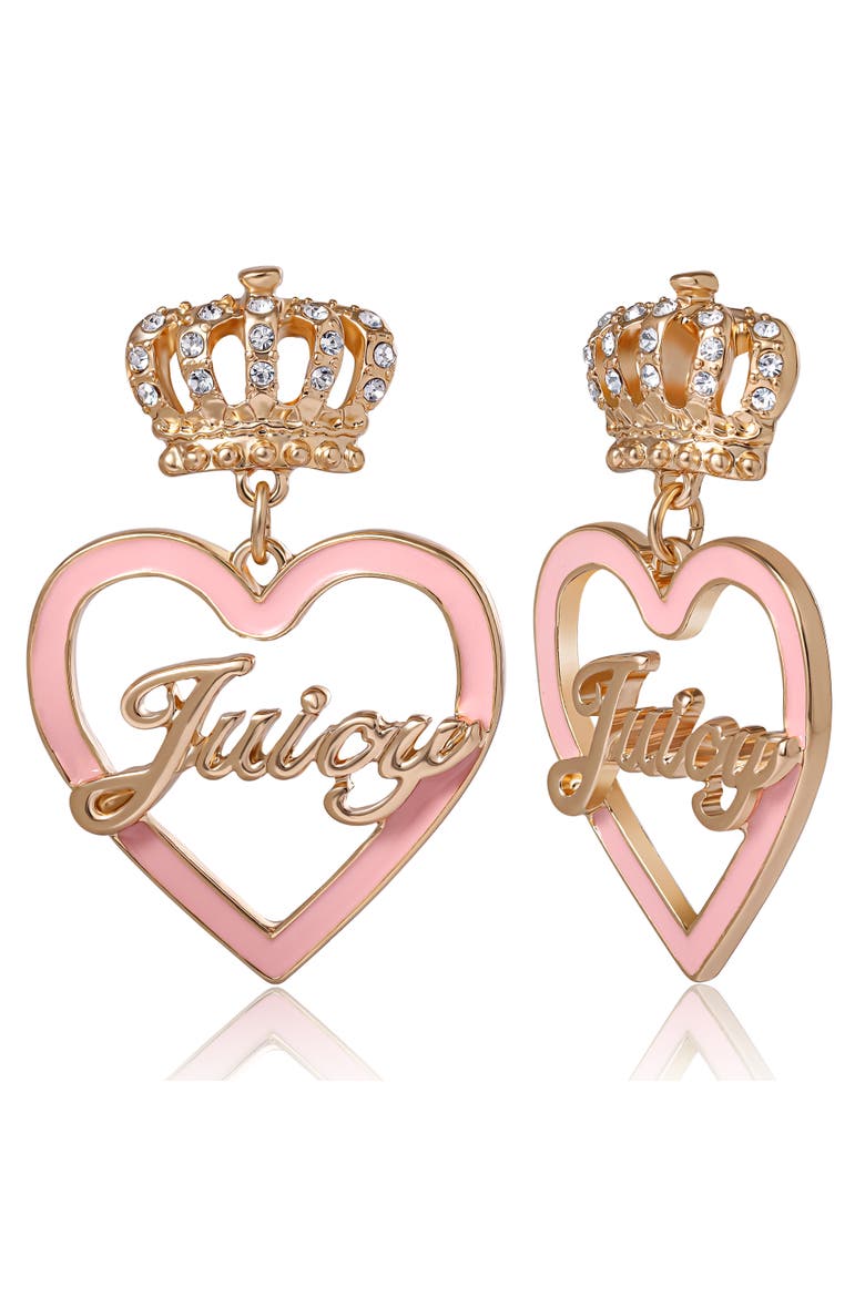 "Juicy" Gold-Tone Crown & Pink Heart Drop Earrings, Main, color, pink, gold