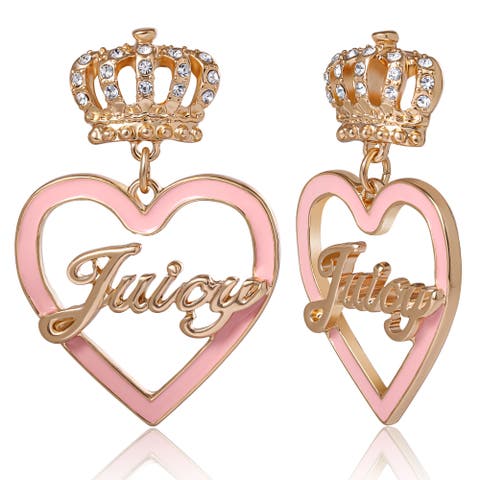 "Juicy" Gold-Tone Crown & Pink Heart Drop Earrings