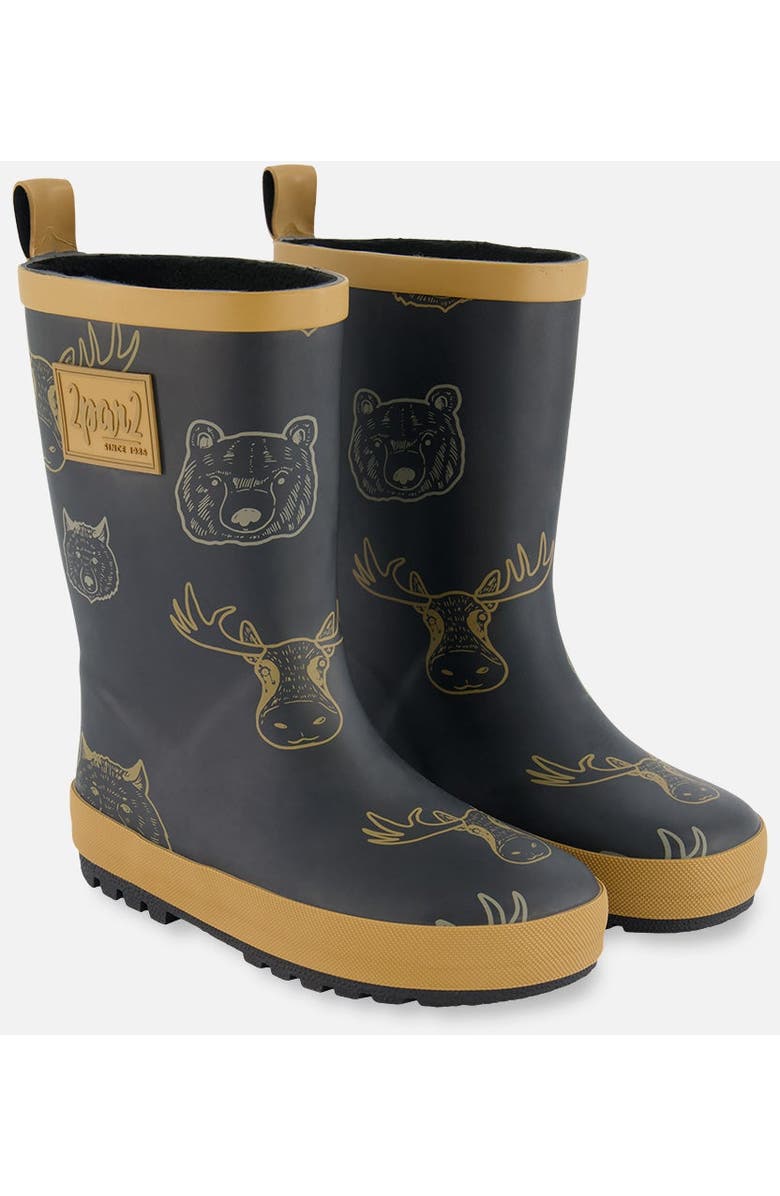 Deux par Deux Boy's Printed Rain Boots Beige Animals On Black Background, Main, color,