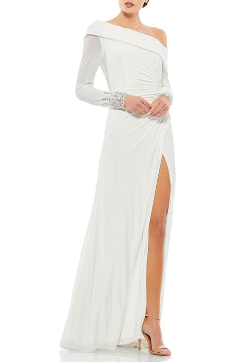 Jeweled Cuff Drop Shoulder Faux Wrap Gown