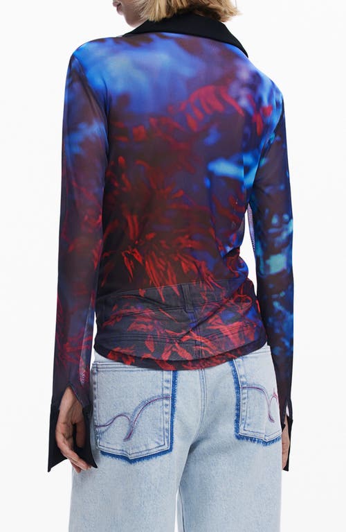 Desigual Rib Trim Mesh Button-up Shirt In Blue