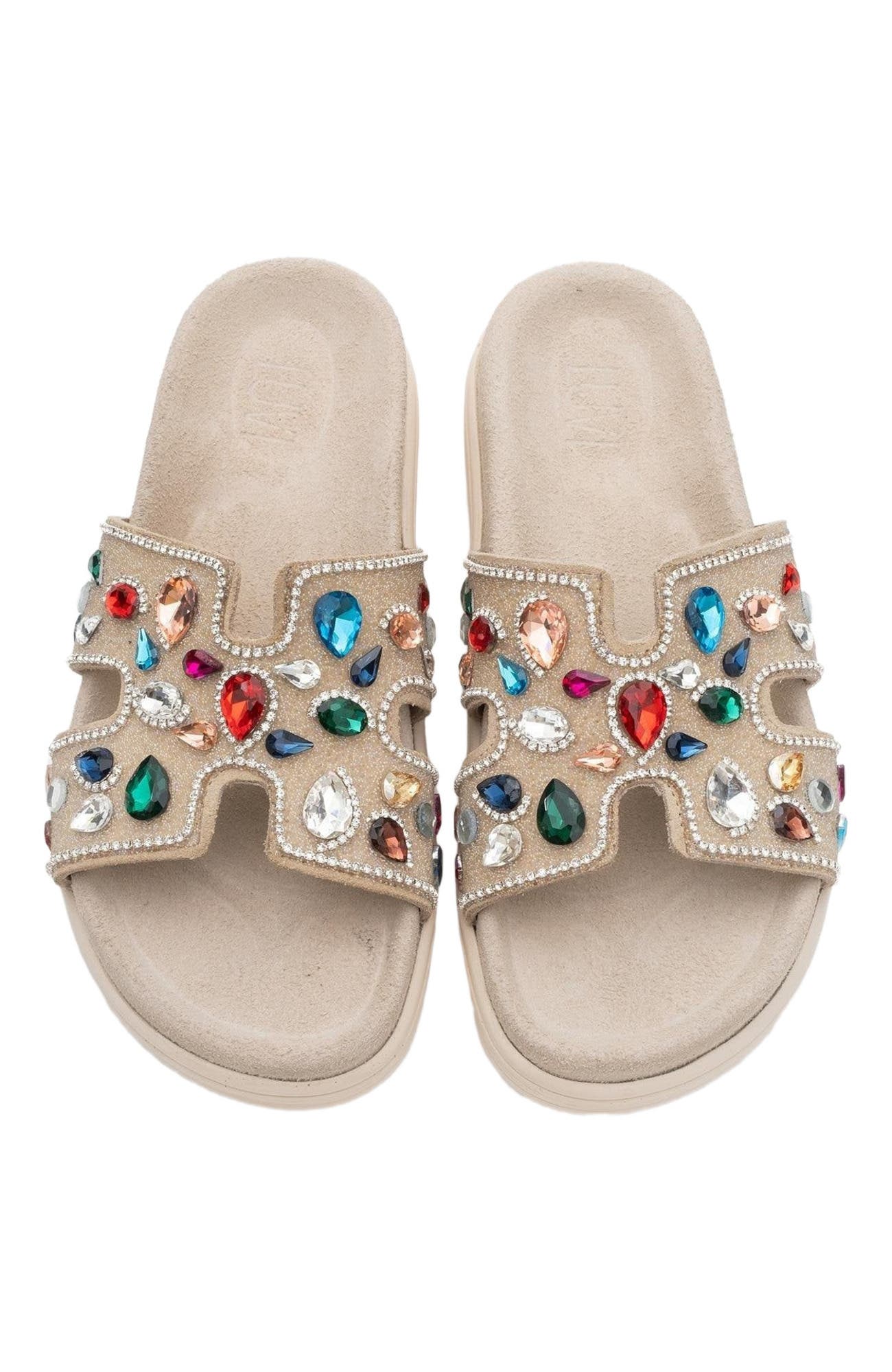 Forever 
Always Shoes Denilla Leather Embellished Slide Sandal, Alternate, color, Beige Leather