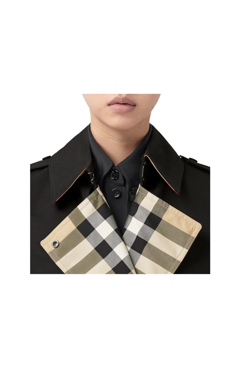 Burberry Long Check Lapel Gabardine Trench Coat, Main, color, Black