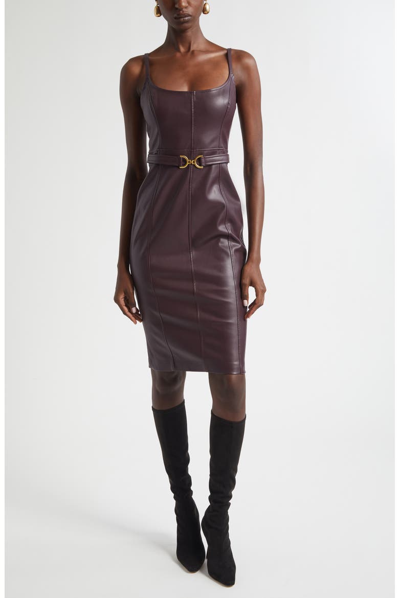 Halia Belted Faux Leather Midi Dress, Main, color, DARK MALBEC
