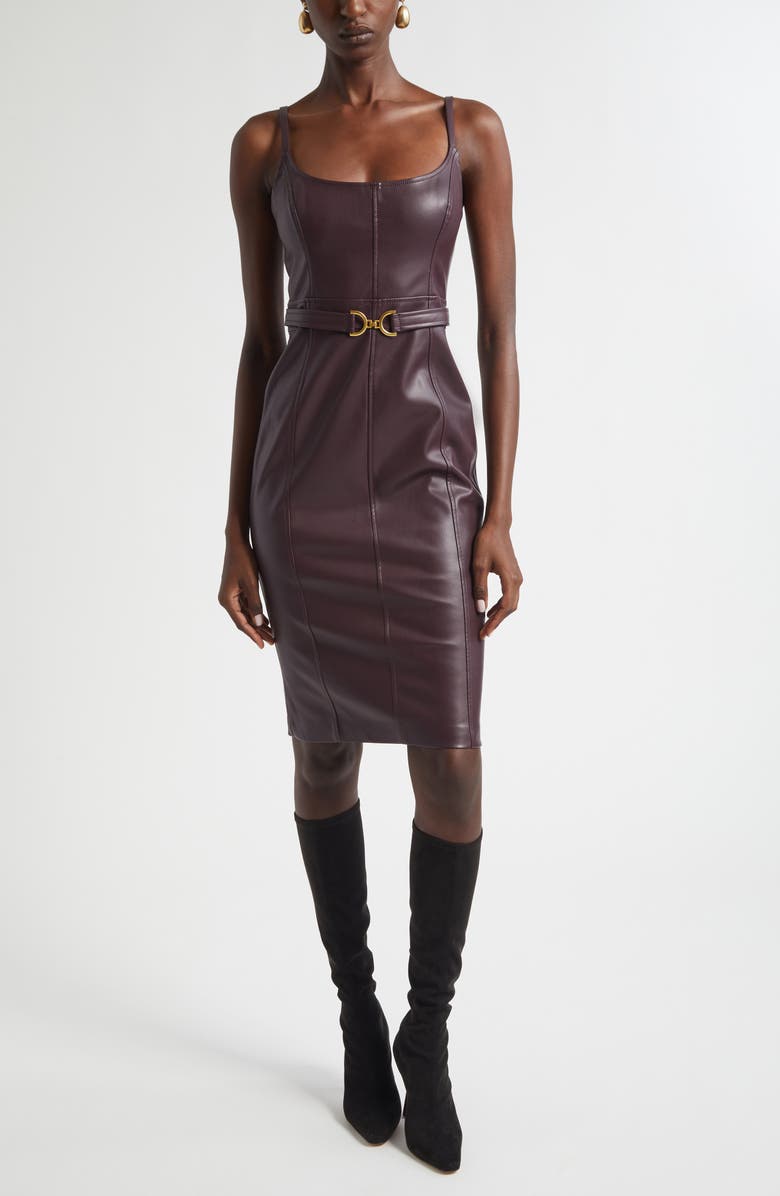 L'AGENCE Halia Belted Faux Leather Midi Dress, Main, color, Dark Malbec