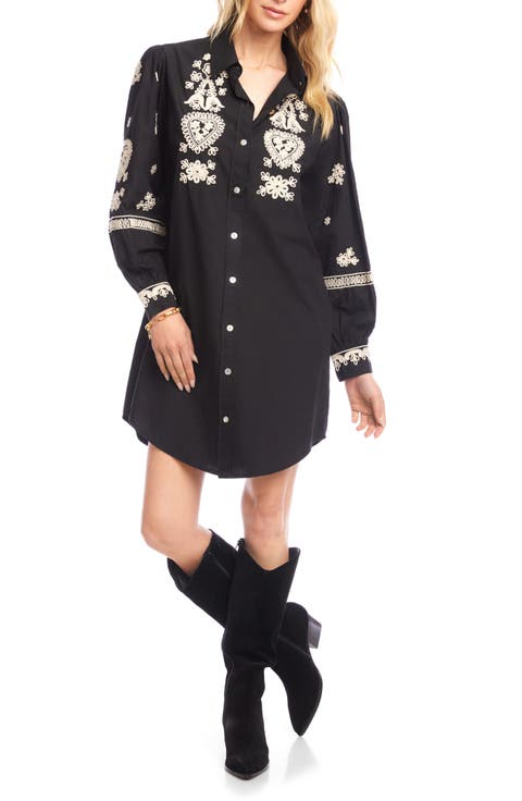 Embroidered Long Sleeve Cotton Shirtdress