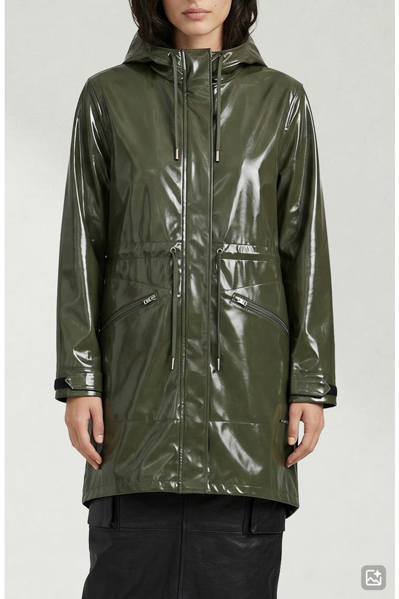 Sibil-V Hooded Water Resistant Coated Vinyl Raincoat, Main, color, KHAKI VINYL