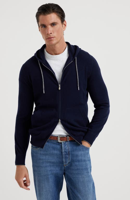 Brunello Cucinelli Techno Cotton Interlock Zip-front Hooded Sweatshirt In Navy Blue