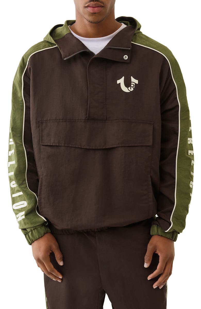 True Religion Colorblock Anorak Pullover Jacket, Main, color, Dark Brown / Kalamata