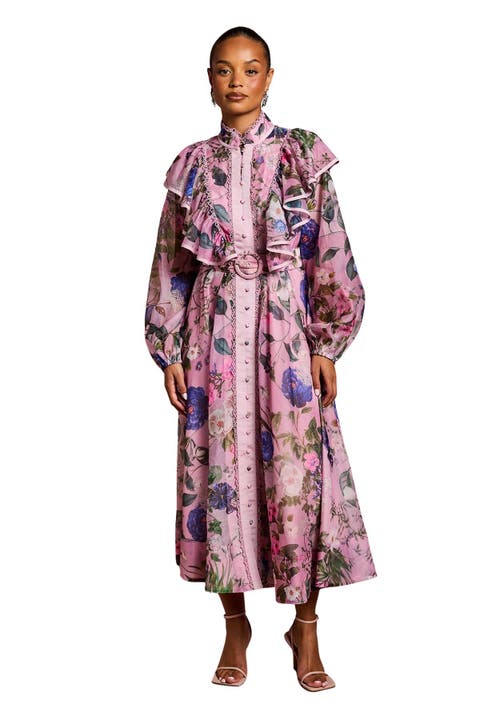 Petite Organza Trim Printed Midi Dress