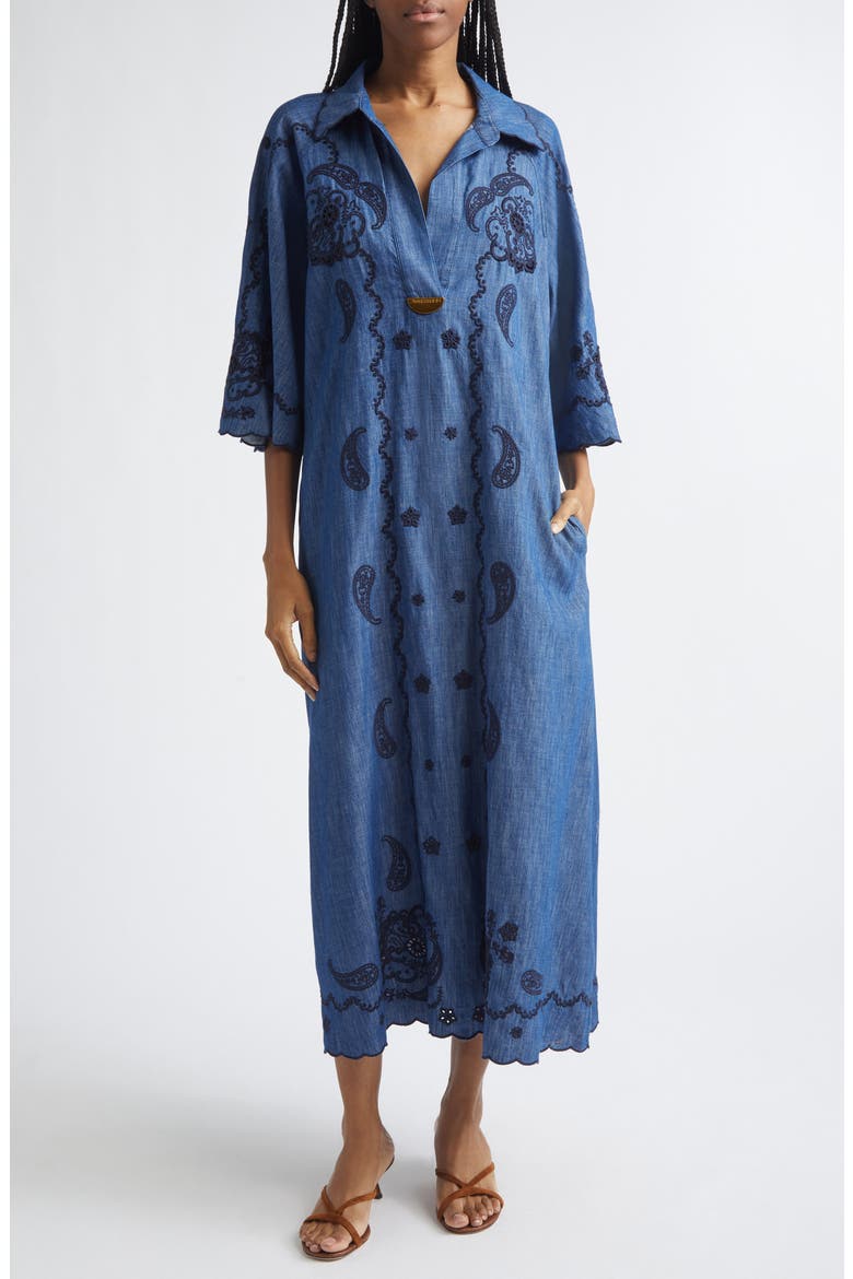 Aster Paisley Embroidered Denim Midi Dress, Main, color, RAILWAY BLUE