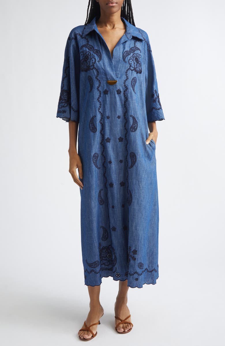 Zimmermann Aster Paisley Embroidered Denim Midi Dress, Main, color, Railway Blue