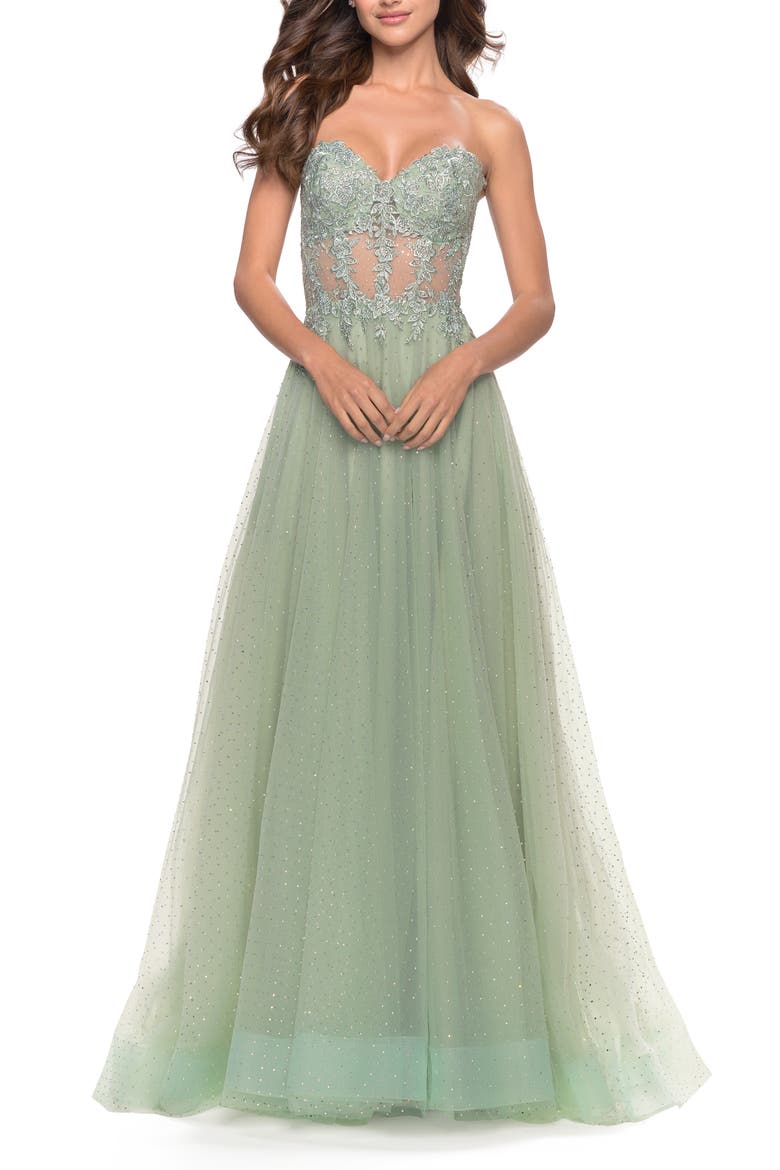 Rhinestone Tulle Gown with Sheer Lace Bodice, Alternate, color, Sage