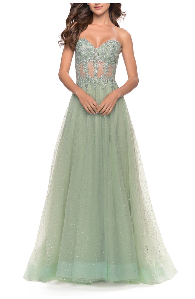La Femme Rhinestone Tulle Gown with Sheer Lace Bodice, Alternate, color, Sage