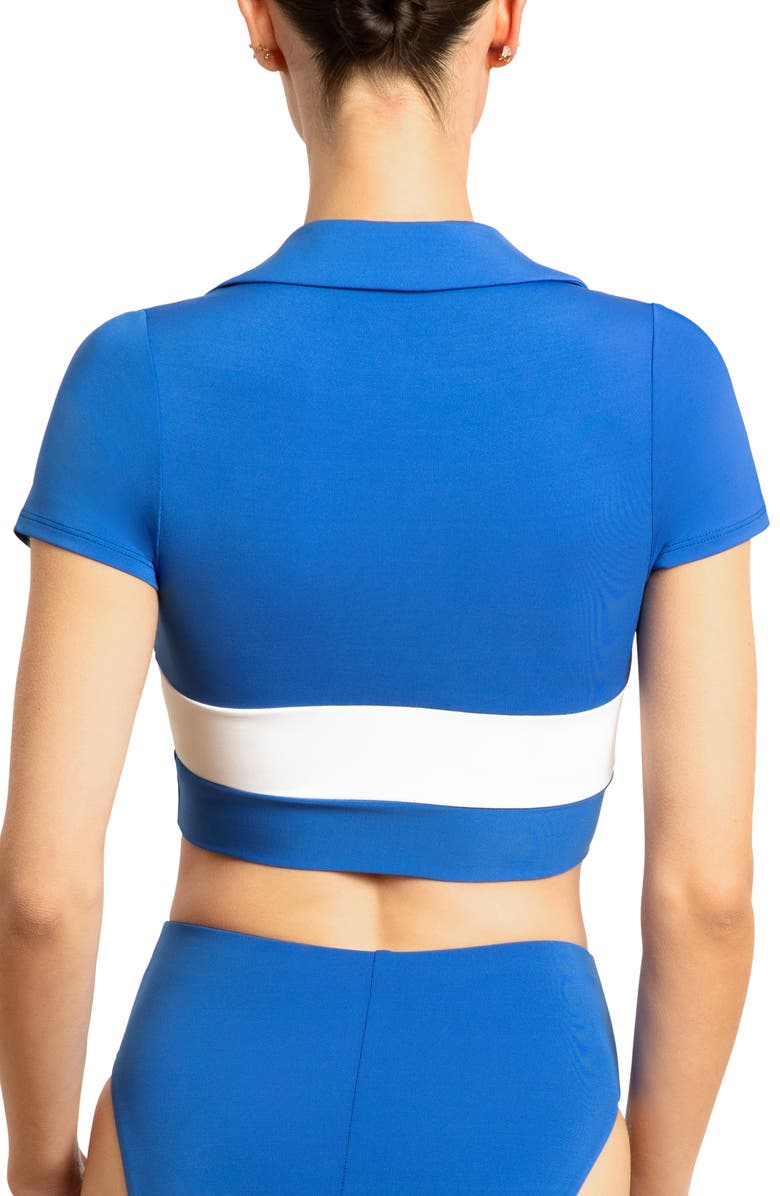 Robin Piccone Babe Stripe Short Sleeve Bikini Top, Alternate, color, Blueberry/ White