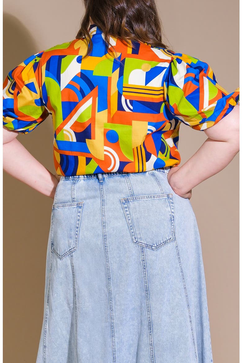 Geometric Print Puff Sleeve Button-Up Shirt, Alternate, color, BLUE RUST
