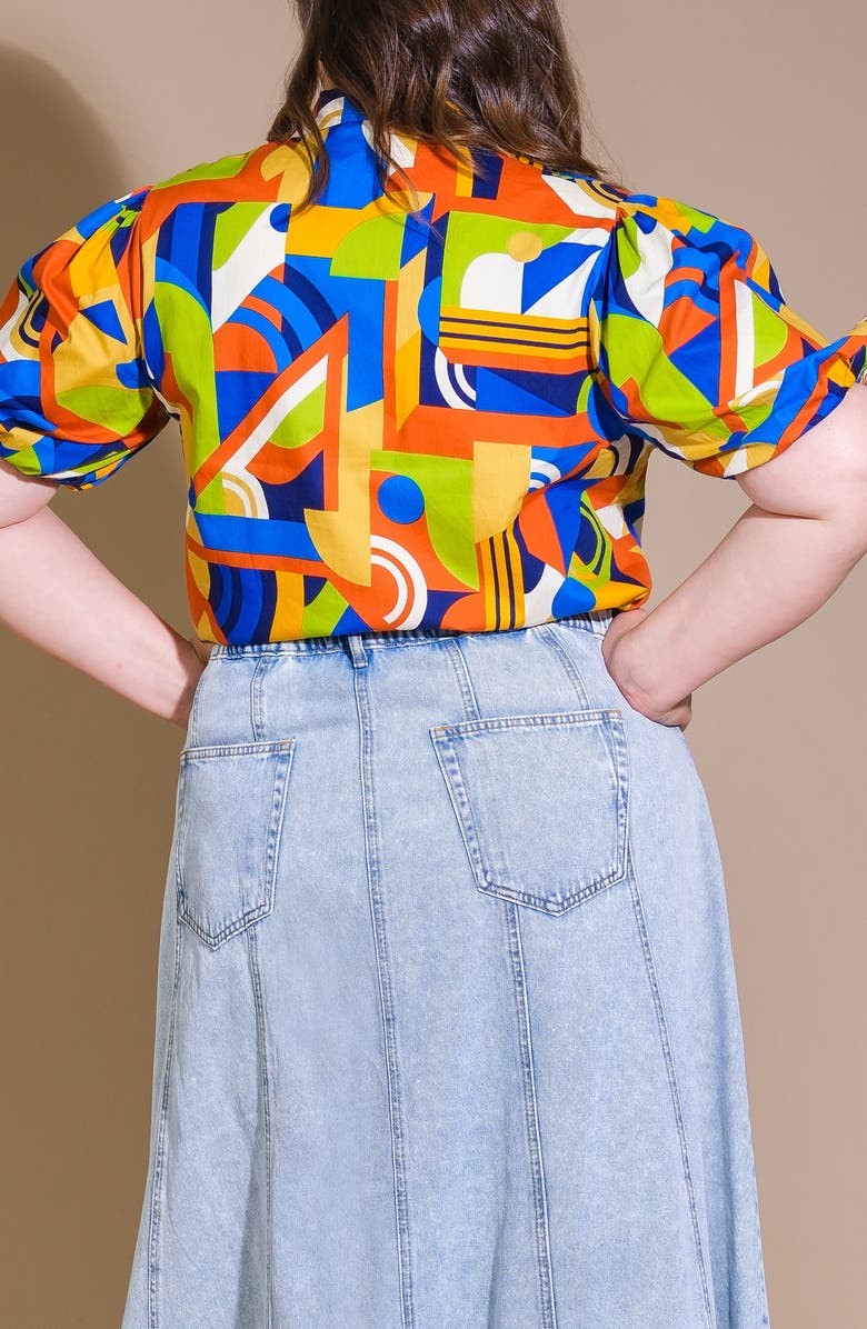 FLYING TOMATO Geometric Print Puff Sleeve Button-Up Shirt, Alternate, color, Blue Rust