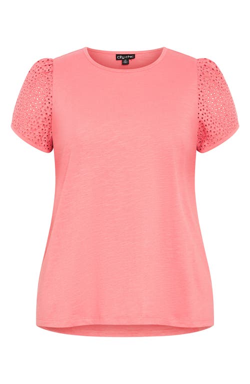 City Chic Linny Eyelet Puff Sleeve Cotton Top In Pink