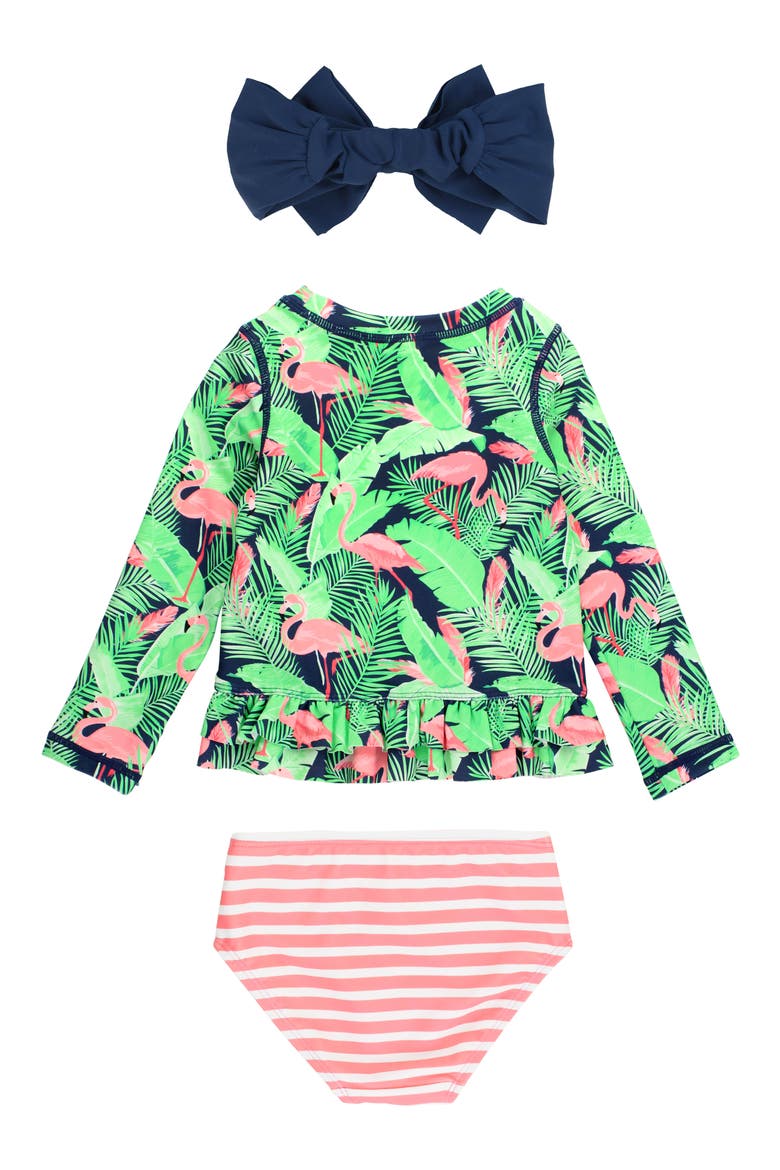 Kids' Long Sleeve Two-Piece Rashguard Swimsuit & Hat Set, Alternate, color, FLAMINGO FRENZY