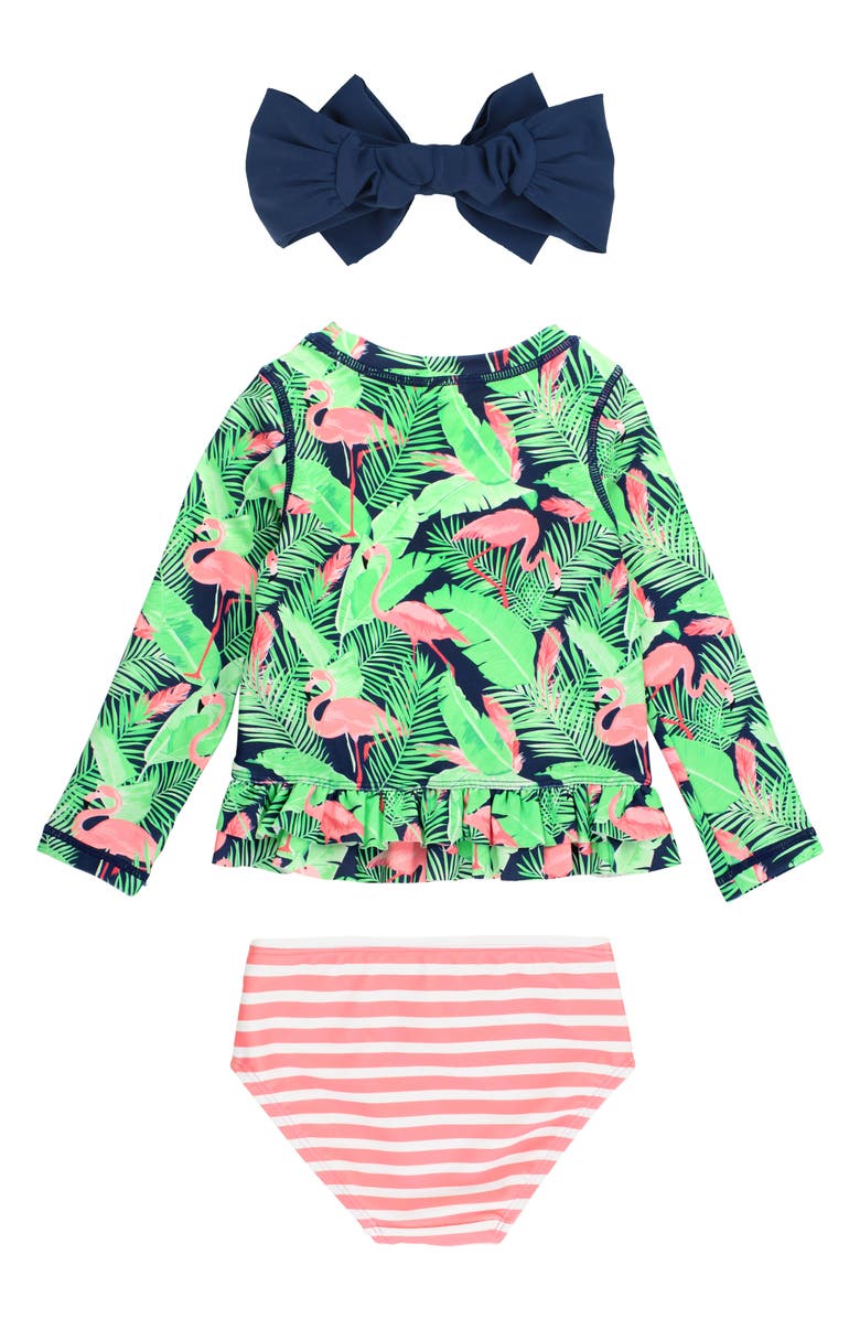 RuffleButts Kids' Long Sleeve Two-Piece Rashguard Swimsuit & Hat Set, Alternate, color, Flamingo Frenzy