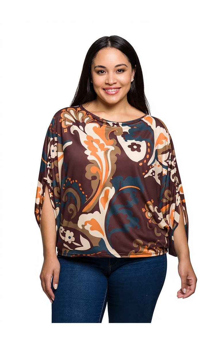 24seven Comfort Apparel Curvy Essential Paisley Print Dolman Sleeve Top, Main, color, Brown Multi