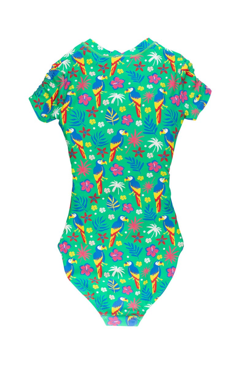 RuffleButts UPF50+ Sun Protected Women's Quarter Zip Short Sleeve One Piece Rash Guard Swimsuit, Alternate, color, Parrot Palms