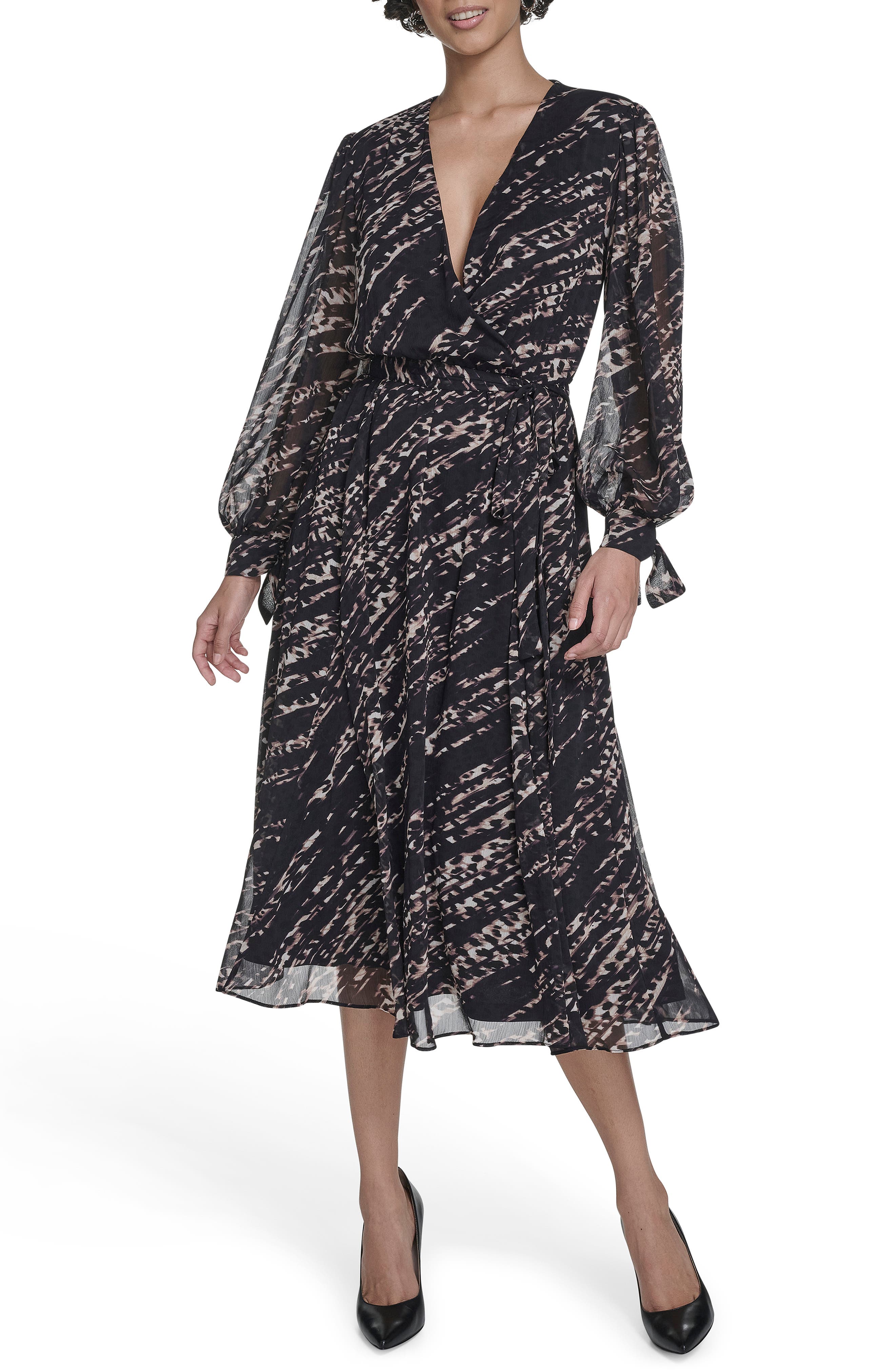 Calvin Klein Long Sleeve Chiffon A-Line Midi Dress