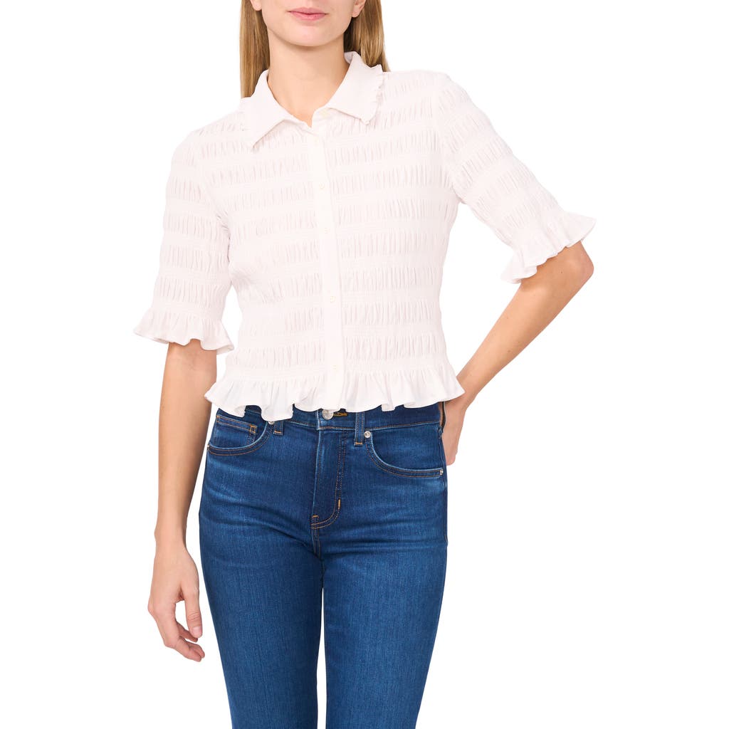 Cece Smocked Elbow Sleeve Ruffle Blouse In New Ivory