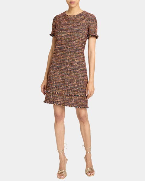 Melania Short Sleeve Shift Dress in Multi Color Modern Tweed