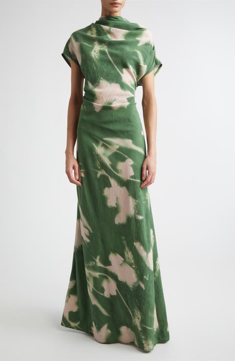 Abstract Floral Draped Asymmetric Crepe Gown