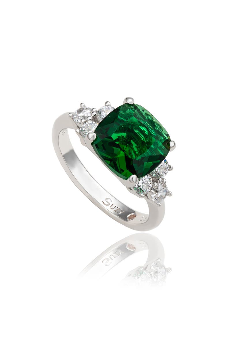 Cushion Cut Cubic Zirconia Engagement Ring, Main, color, GREEN