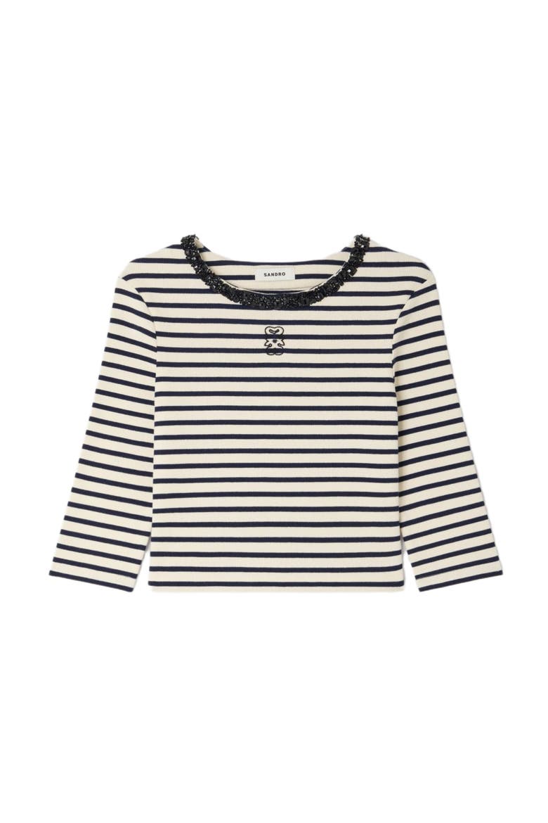 Short striped tee with beaded collar, Alternate, color, Navy blue