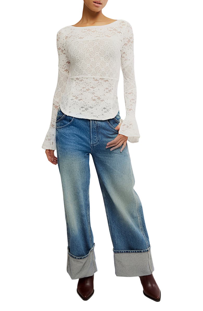 Free People Bell Sleeve Sheer Cotton Blend Lace Top, Alternate, color, Sugar Swizzle