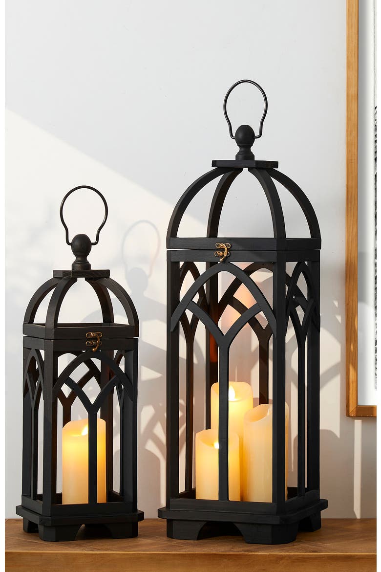 Set of 2 Wooden Church Style Decorative Lanterns Candle Holders, Alternate, color, Black