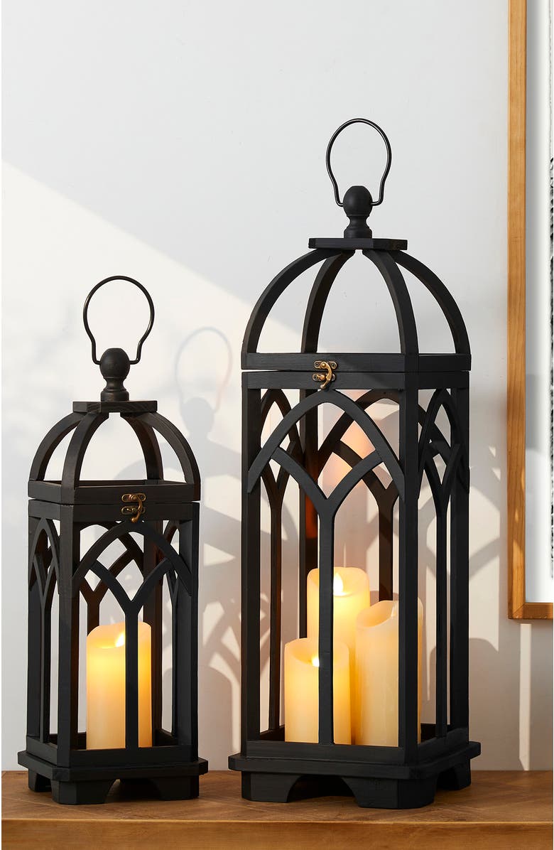 Glitzhome Set of 2 Wooden Church Style Decorative Lanterns Candle Holders, Alternate, color, Black