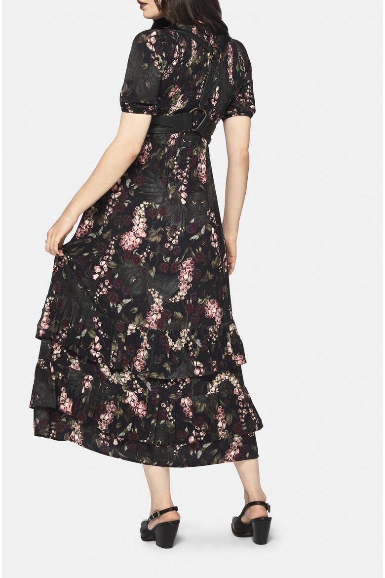 Noctua Owl Foxglove Tiered Midaxi Dress, Alternate, color, Black