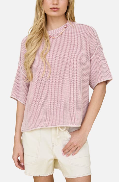 Rib Knit Raw Edge Cotton Blend Sweater
