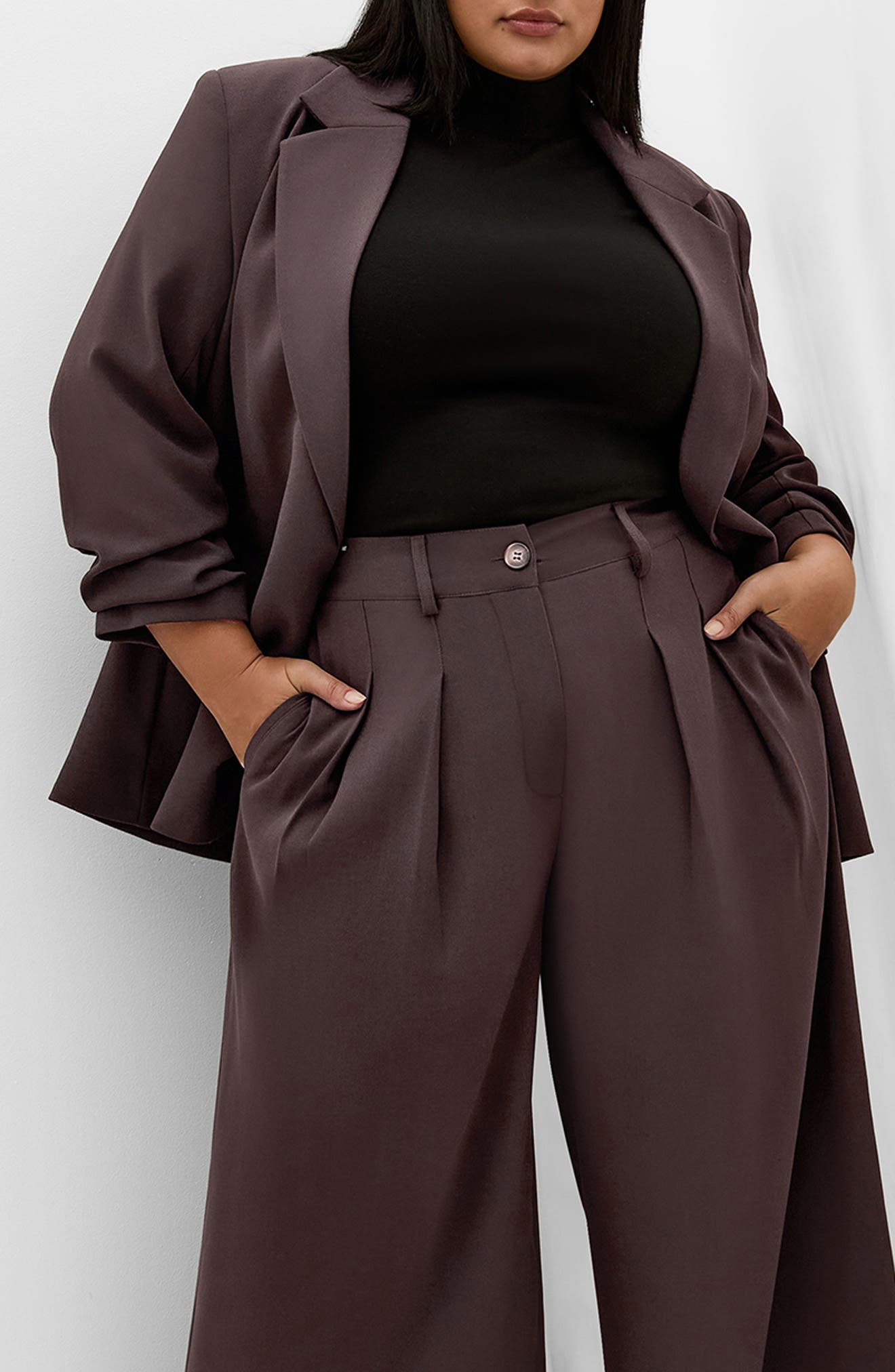 City Chic Abbie Ruched Sleeve Blazer In Brown