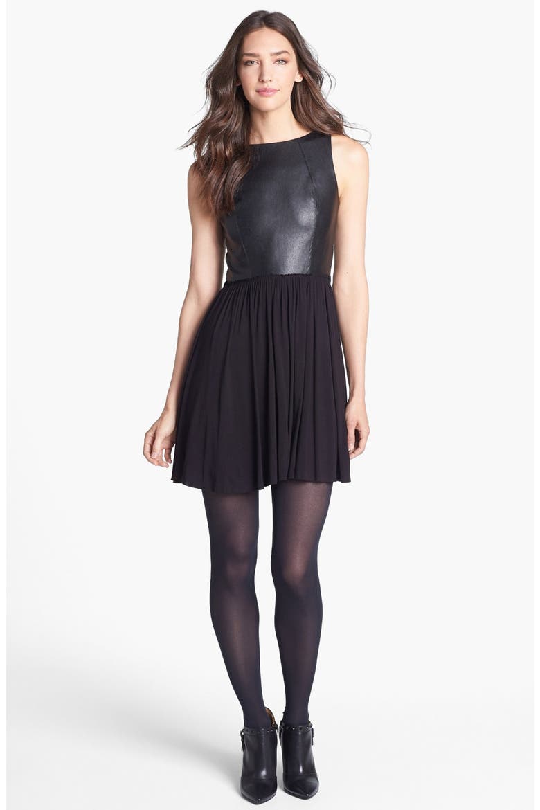 Faux Leather Fit & Flare Dress, Alternate, color, BLACK