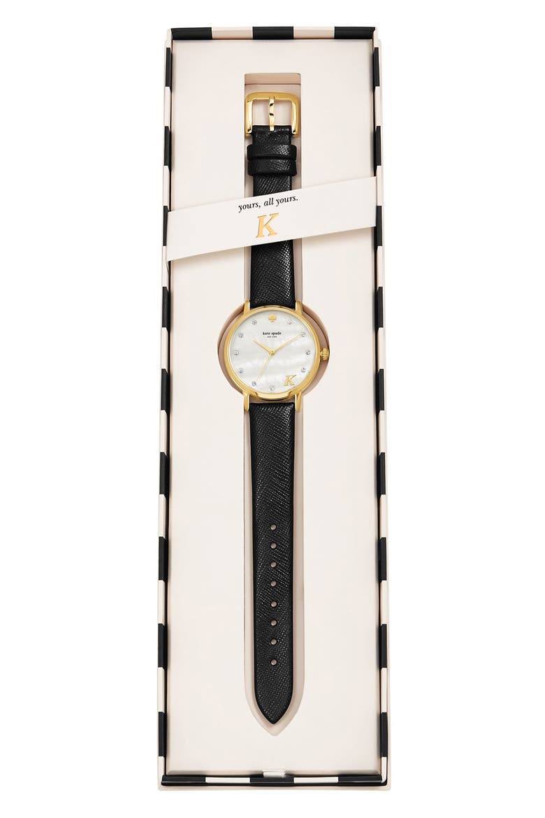 'metro - monogram' leather strap watch, 34mm, Alternate, color, BLACK A