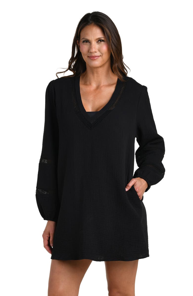 La Blanca Seaside Lace Inset Long Sleeve Cotton Cover-Up Dress, Alternate, color, Black