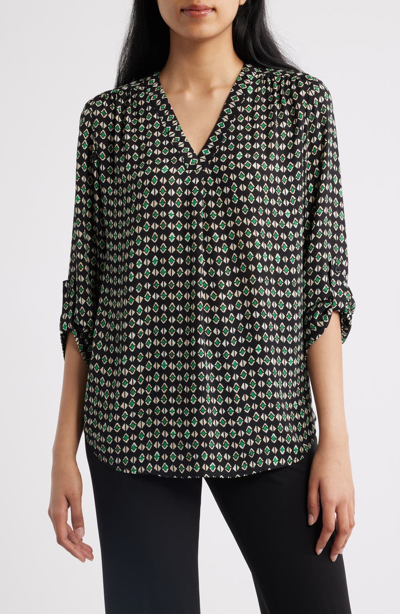 AK ANNE KLEIN Geo Pattern V-Neck Top, Main, color, Anne Black Multi